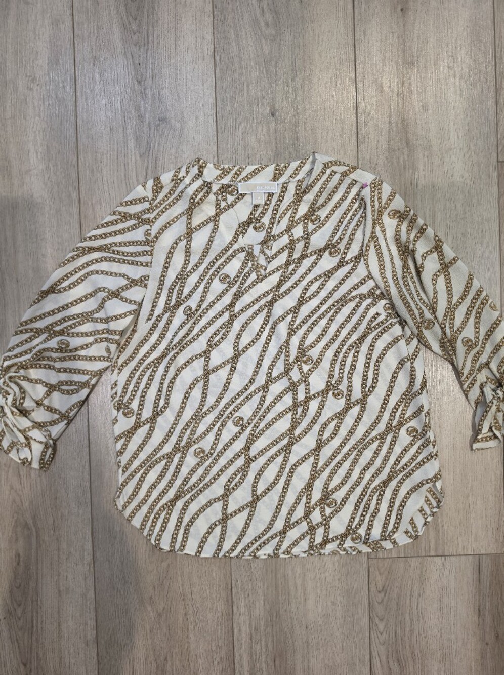 Michael Kors Chain Print Tie Waist Blouse Women's Medium Ivory Gold Long Sleeve